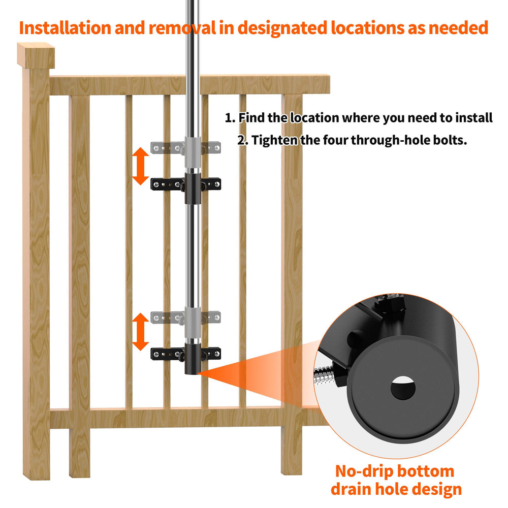 Generic brand side profile on wooden deck railing showing space-saving outdoor mounting