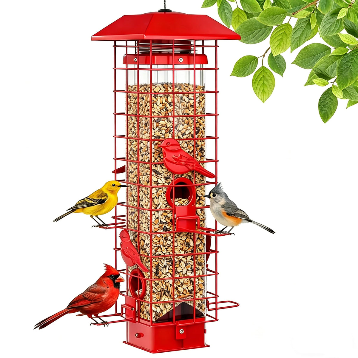 Generic brand feeder front view shows hanging feeder and bird access benefit