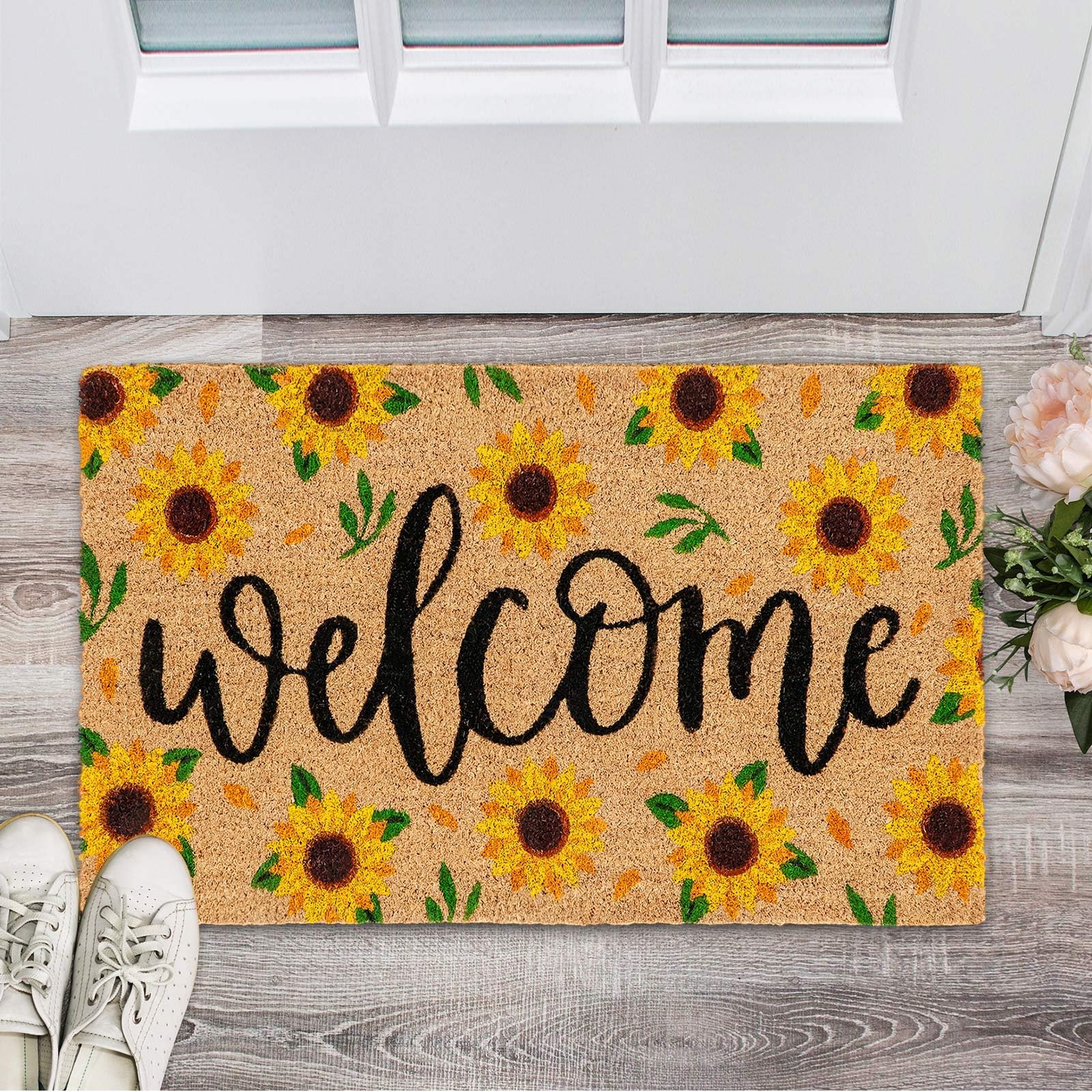 Generic sunflower doormat underside view showing backing and non-slip option