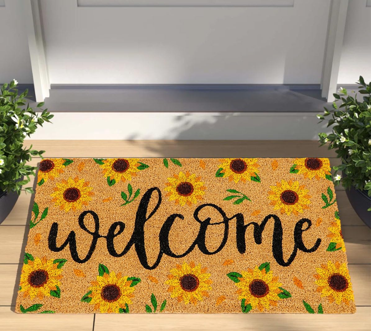 Generic sunflower coir doormat front view showing welcome design and bright appeal