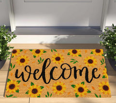 Generic sunflower coir doormat front view showing welcome design and bright appeal