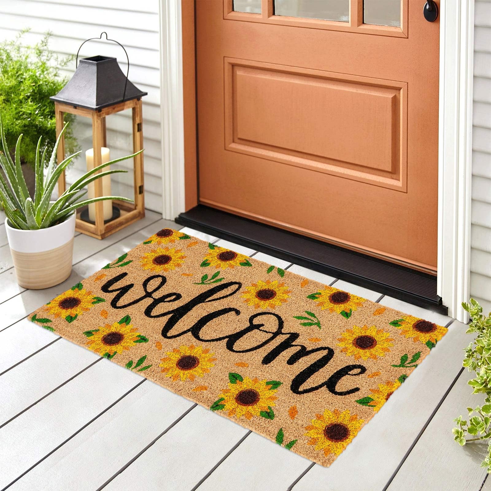 Generic sunflower doormat placed in doorway demonstrating tidy entryway benefit