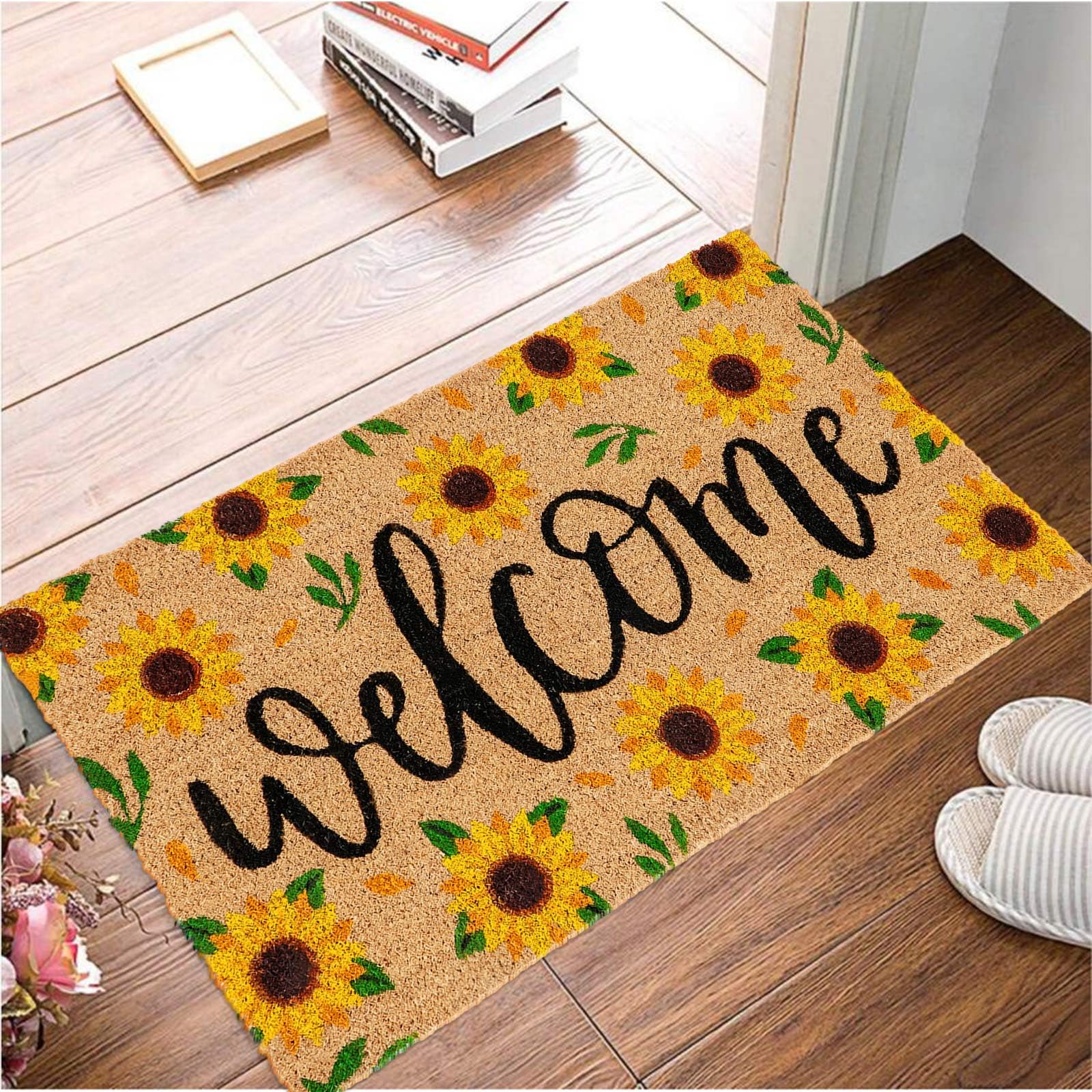 Generic sunflower doormat on porch with plants showing decorative curb appeal