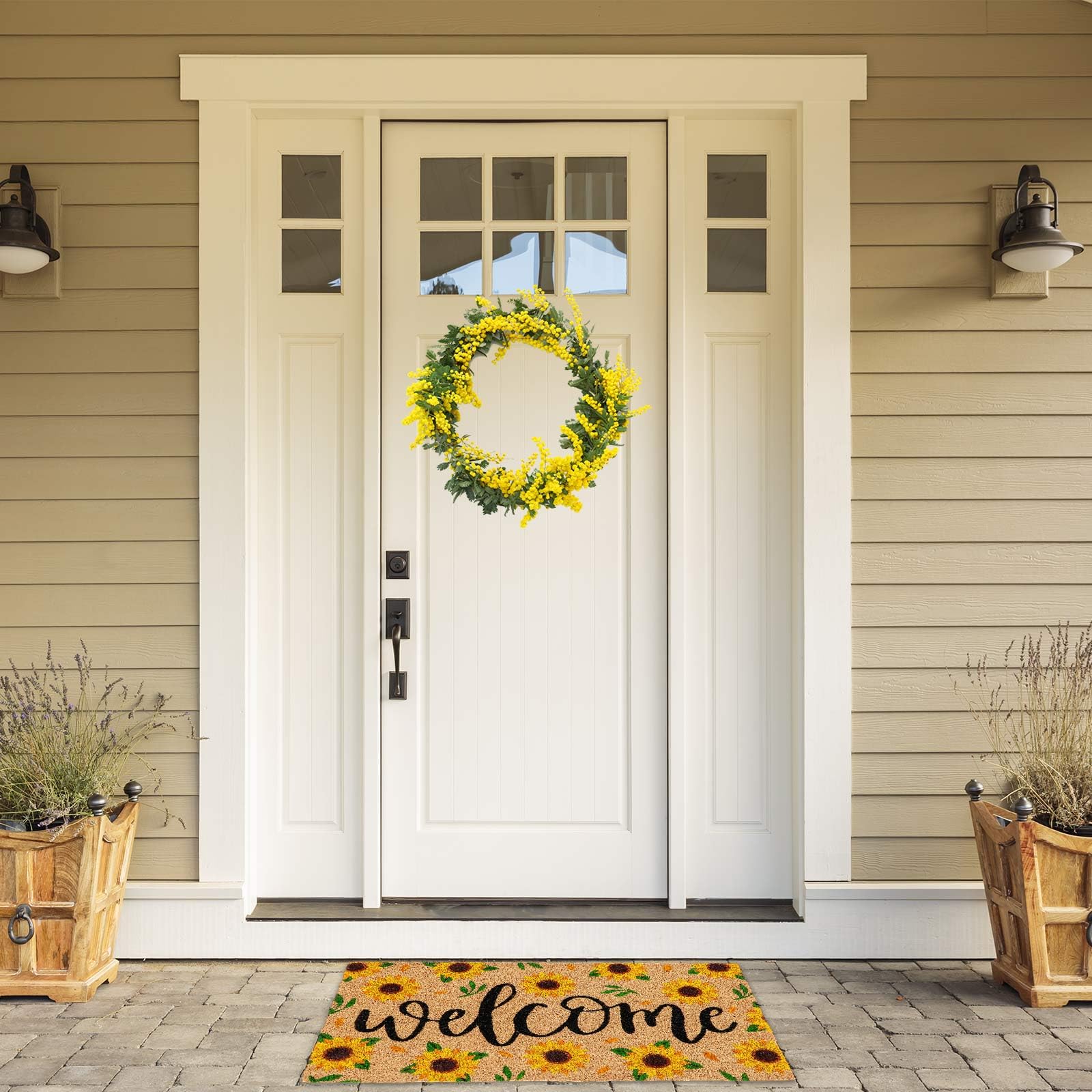 Generic sunflower doormat rolled in packaging showing storage and shipping condition