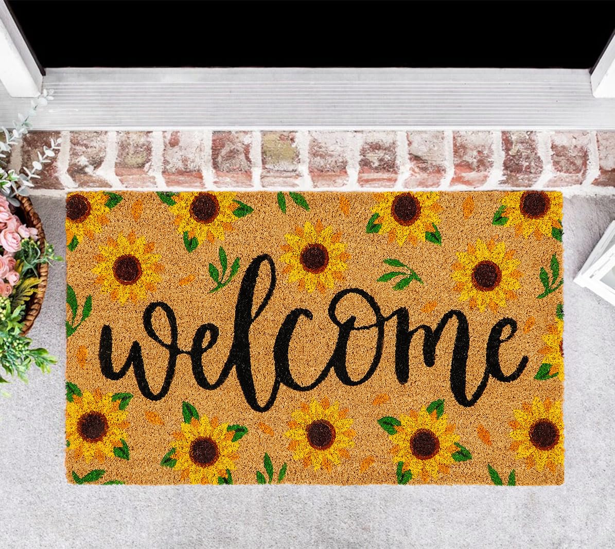 Generic sunflower doormat beside ruler showing 16.5x29 inch scale and fit
