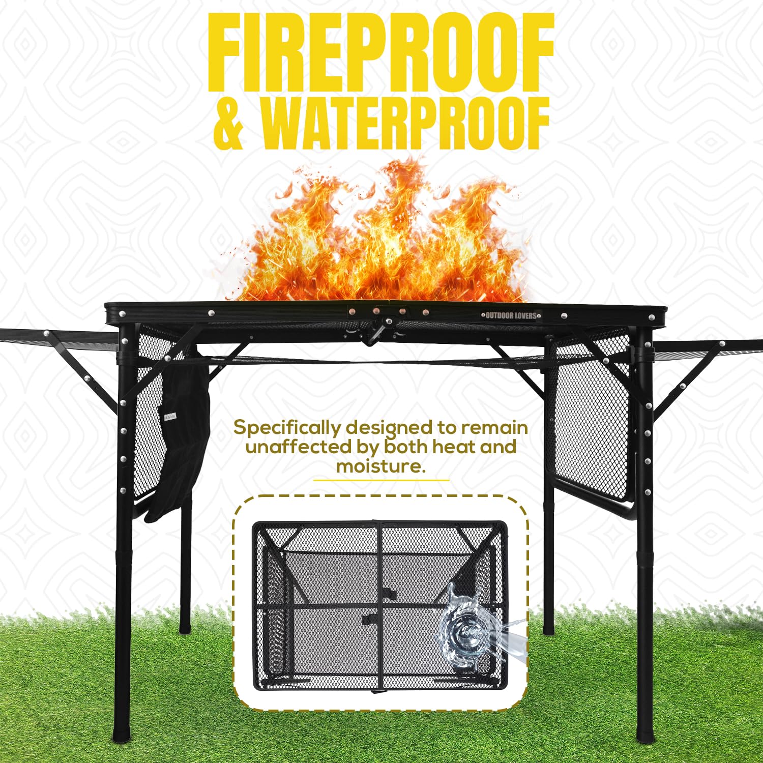 Generic table holding a portable grill demonstrating cooking readiness