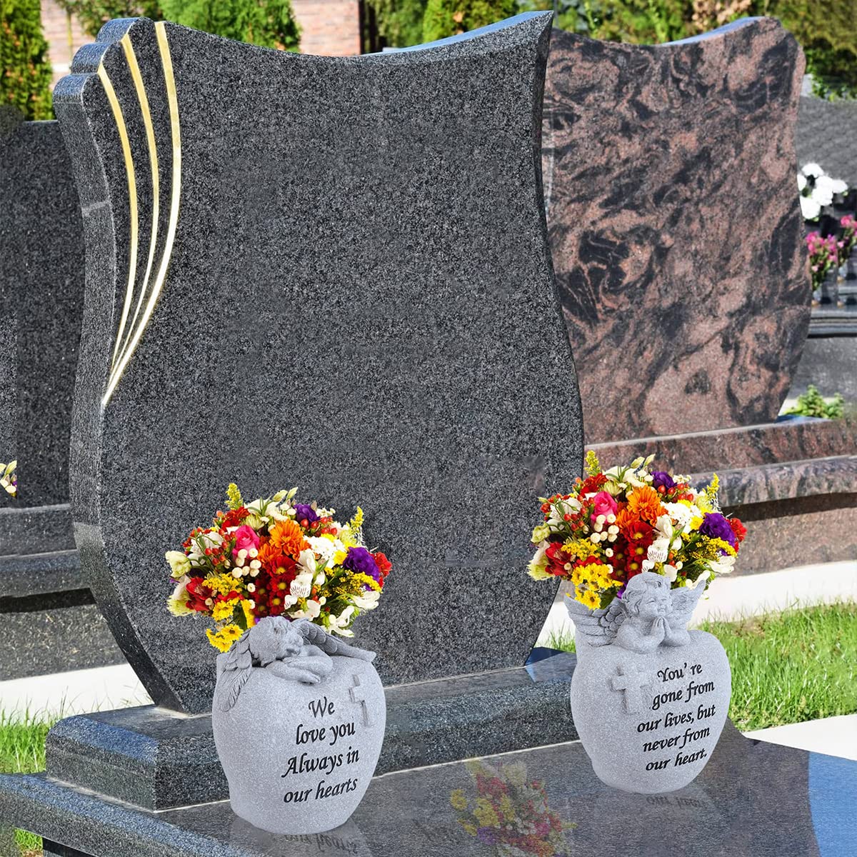 Generic vases at graveside staged with flowers offering a respectful memorial benefit