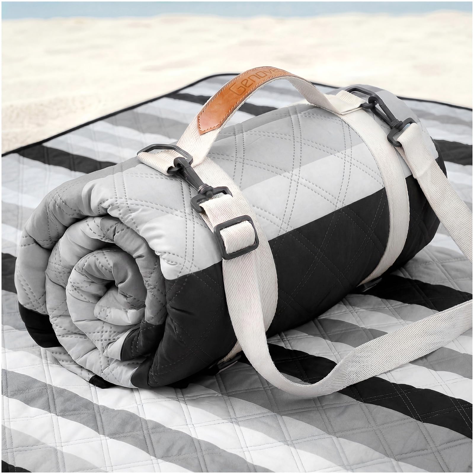 Genovega front view of folded blanket showing compact portability and clean design benefit