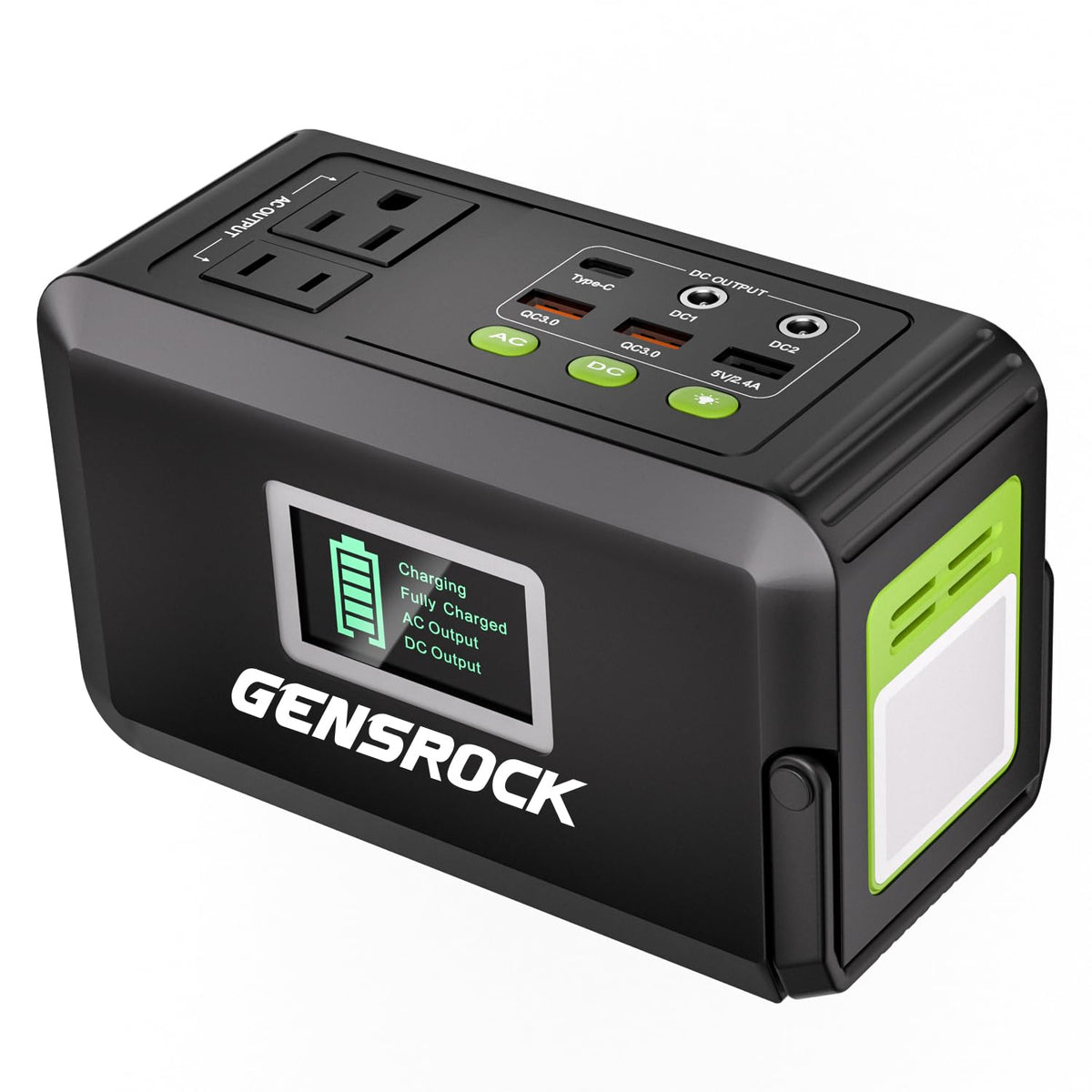 GENSROCK front view showing AC outlet and compact design for versatile charging