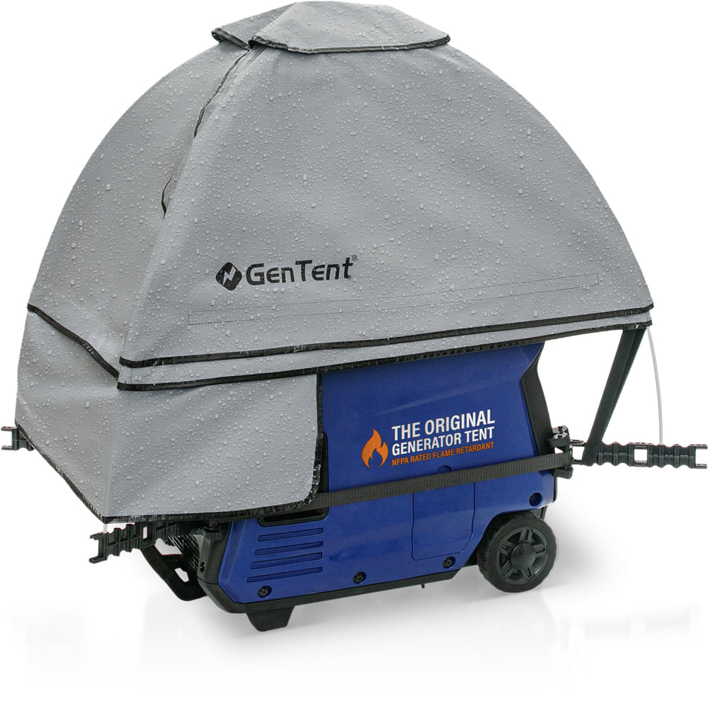 GenTent front view showing gray canopy protecting generator and enhancing safety