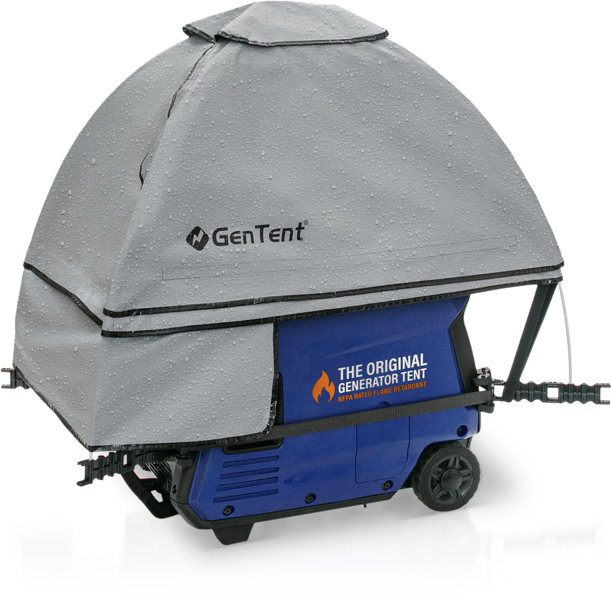 GenTent front view showing gray canopy protecting generator and enhancing safety