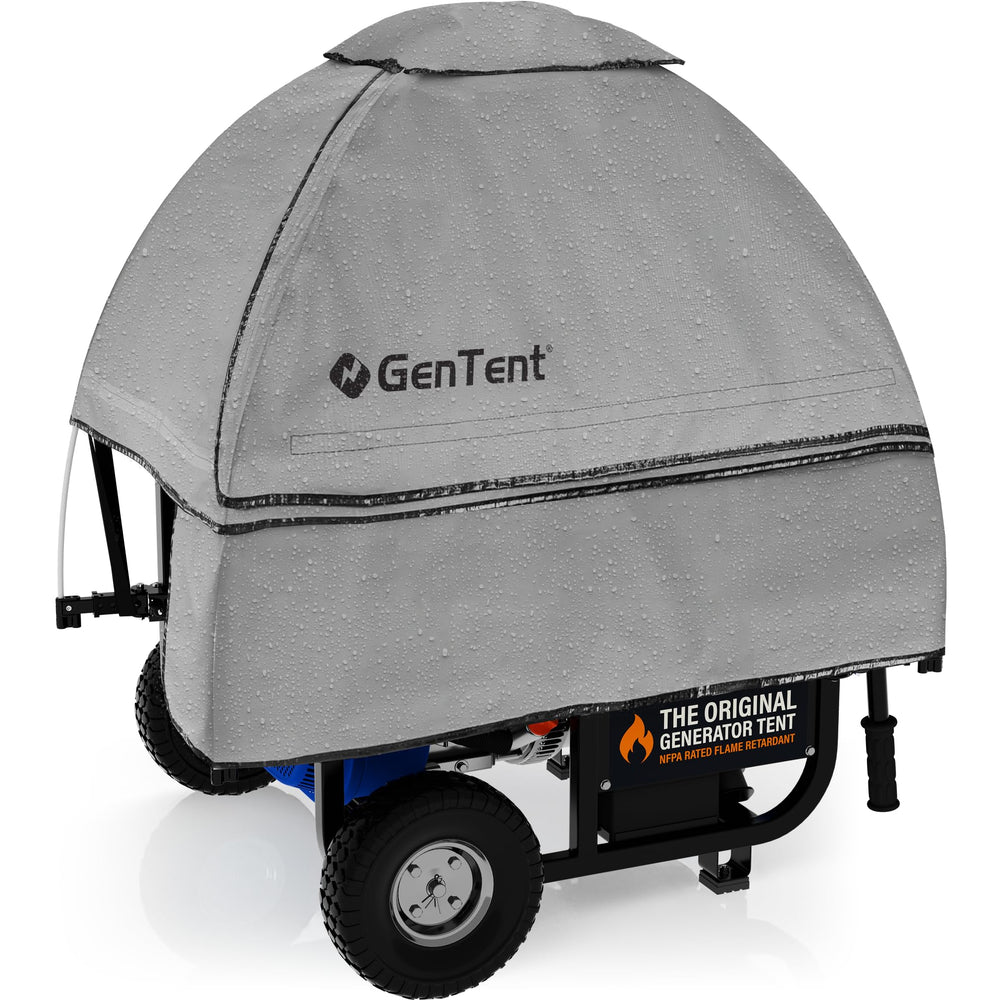 GenTent front view on open-frame generator showing weather protection and easy setup
