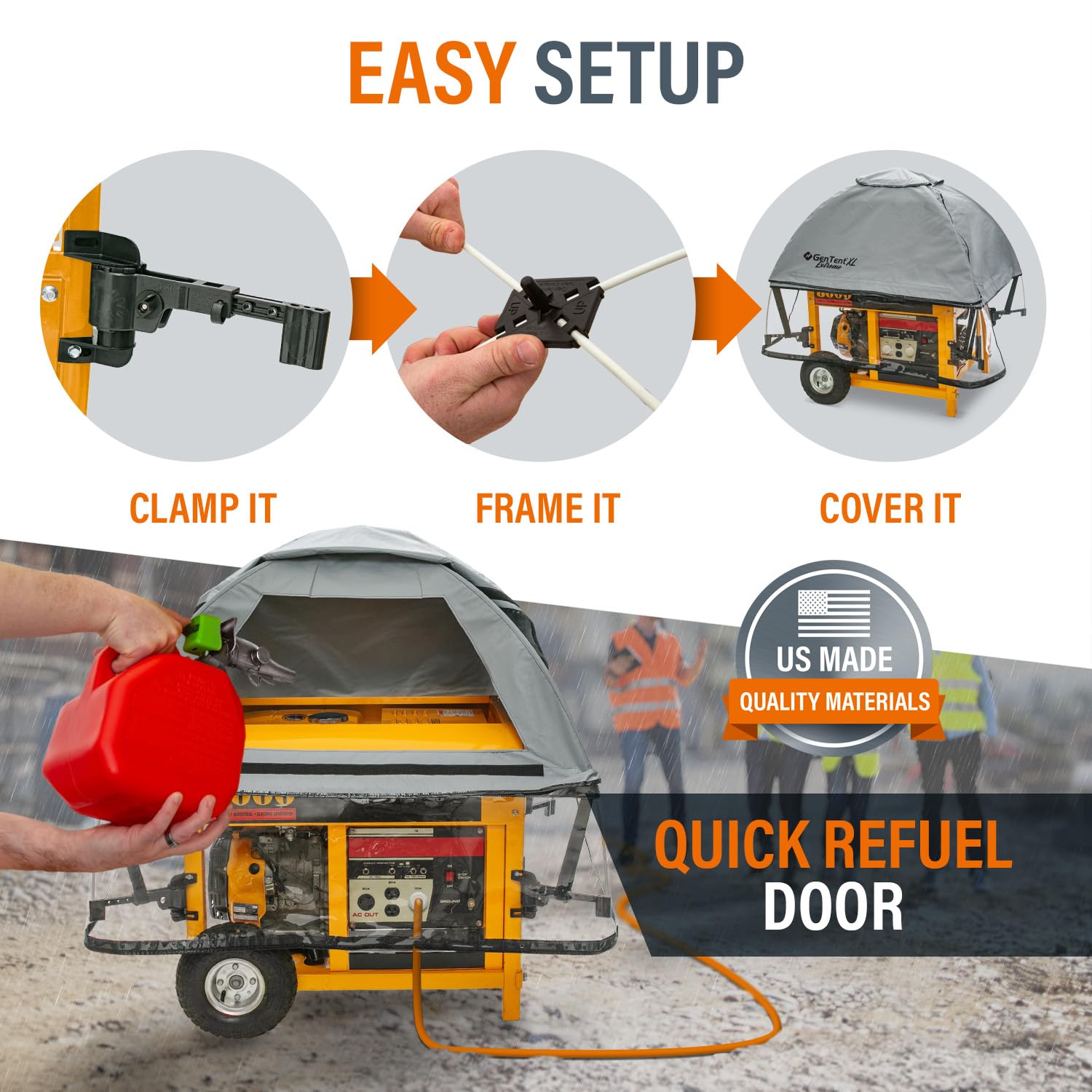 GenTent XL side-by-side with generator to show fit and size for large open-frame units