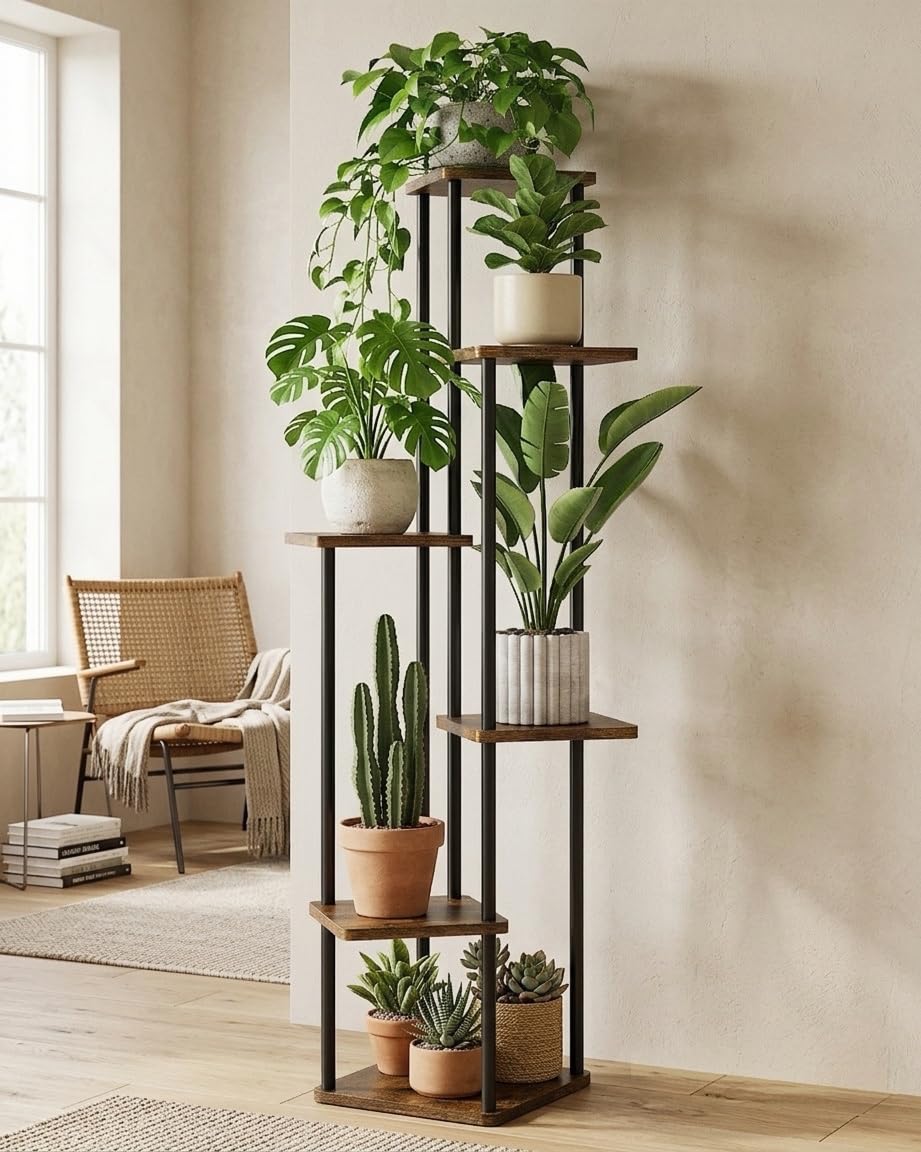 GENTINGBRO front view of corner plant stand showing tiered display and neat footprint