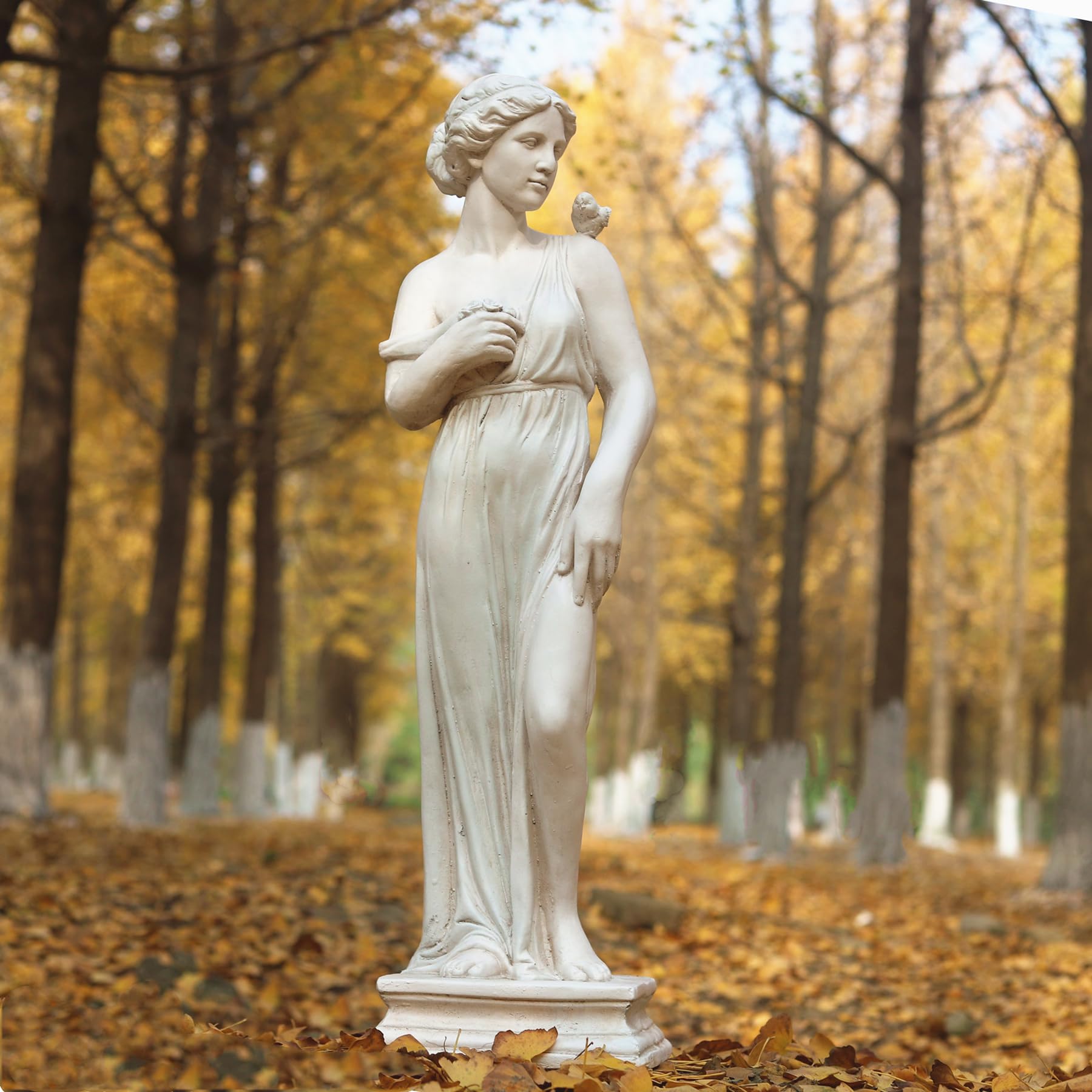 GENUINQ front view of nymph statue showing elegant pose and garden charm