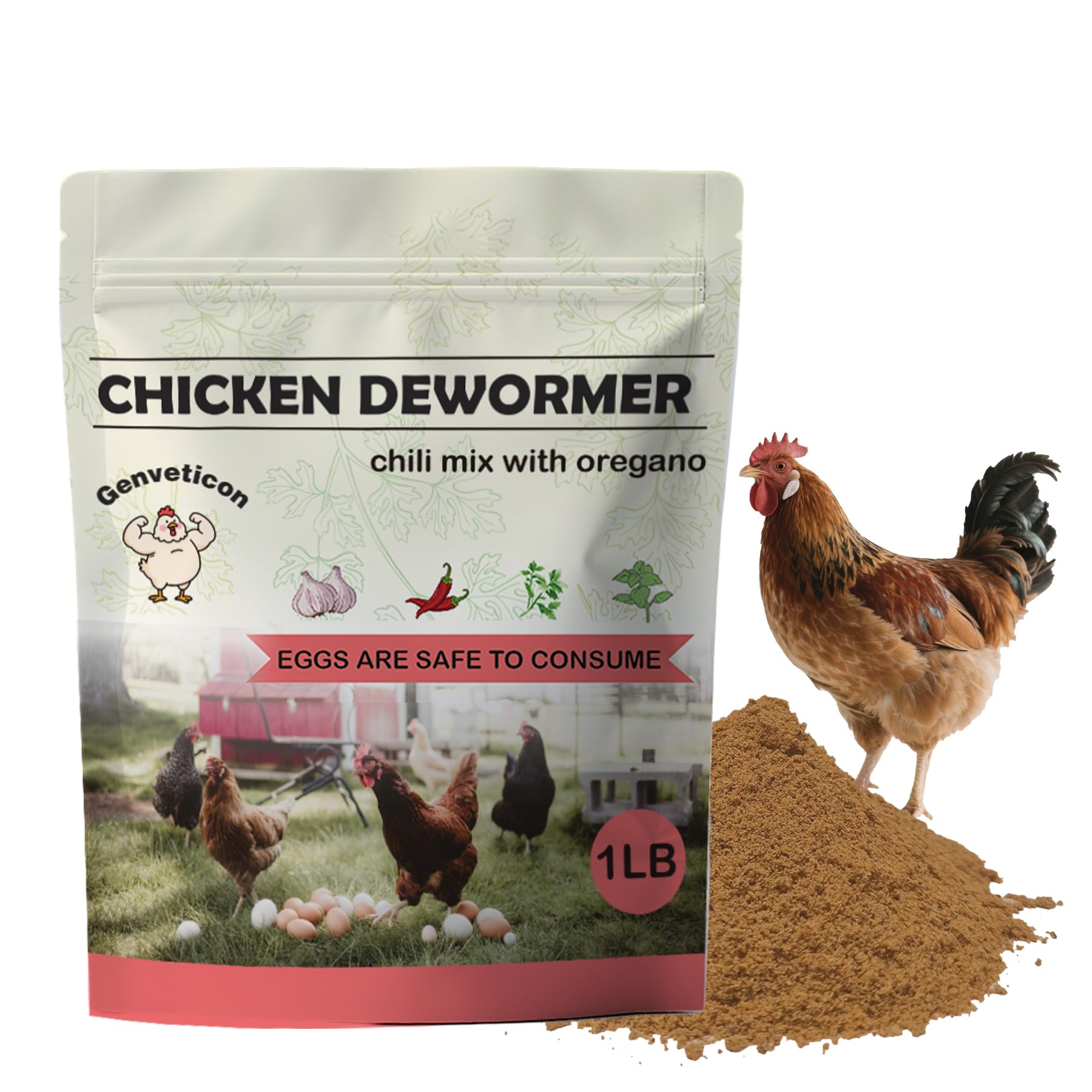 Genveticon front packaging displaying 1 lb natural chicken dewormer and benefits