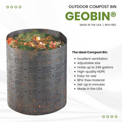 GEOBIN next to a wheelbarrow showing scale and space-saving benefit