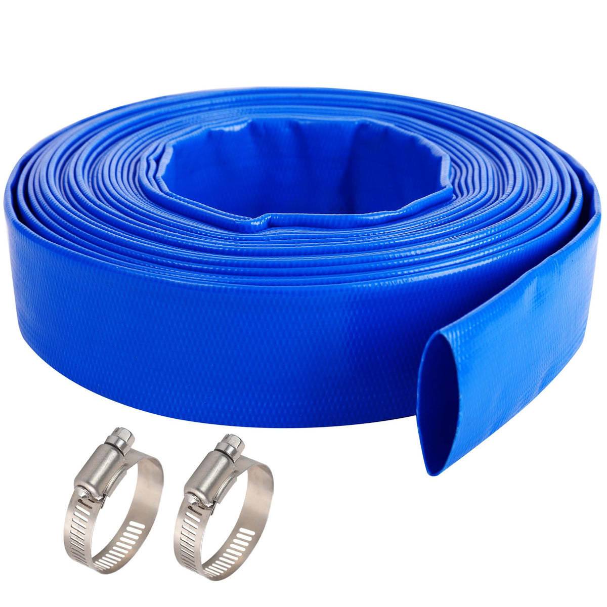 Geowaky front view of coiled backwash hose showing model and length, ready to install