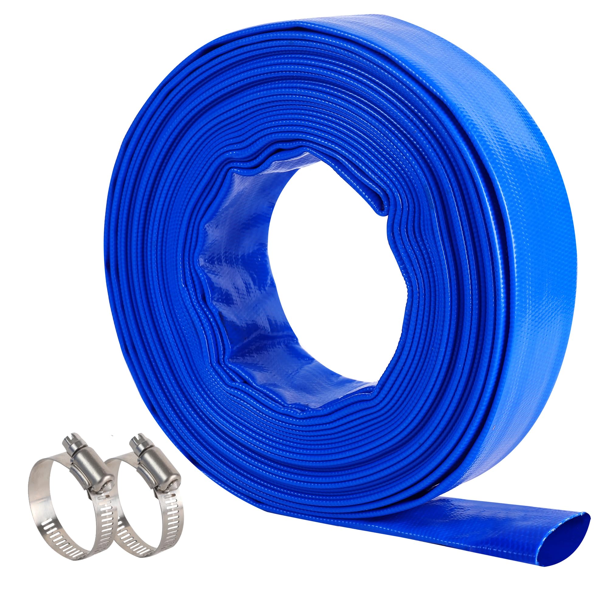 Geowaky front view of coiled blue backwash hose showing compact storage and easy handling