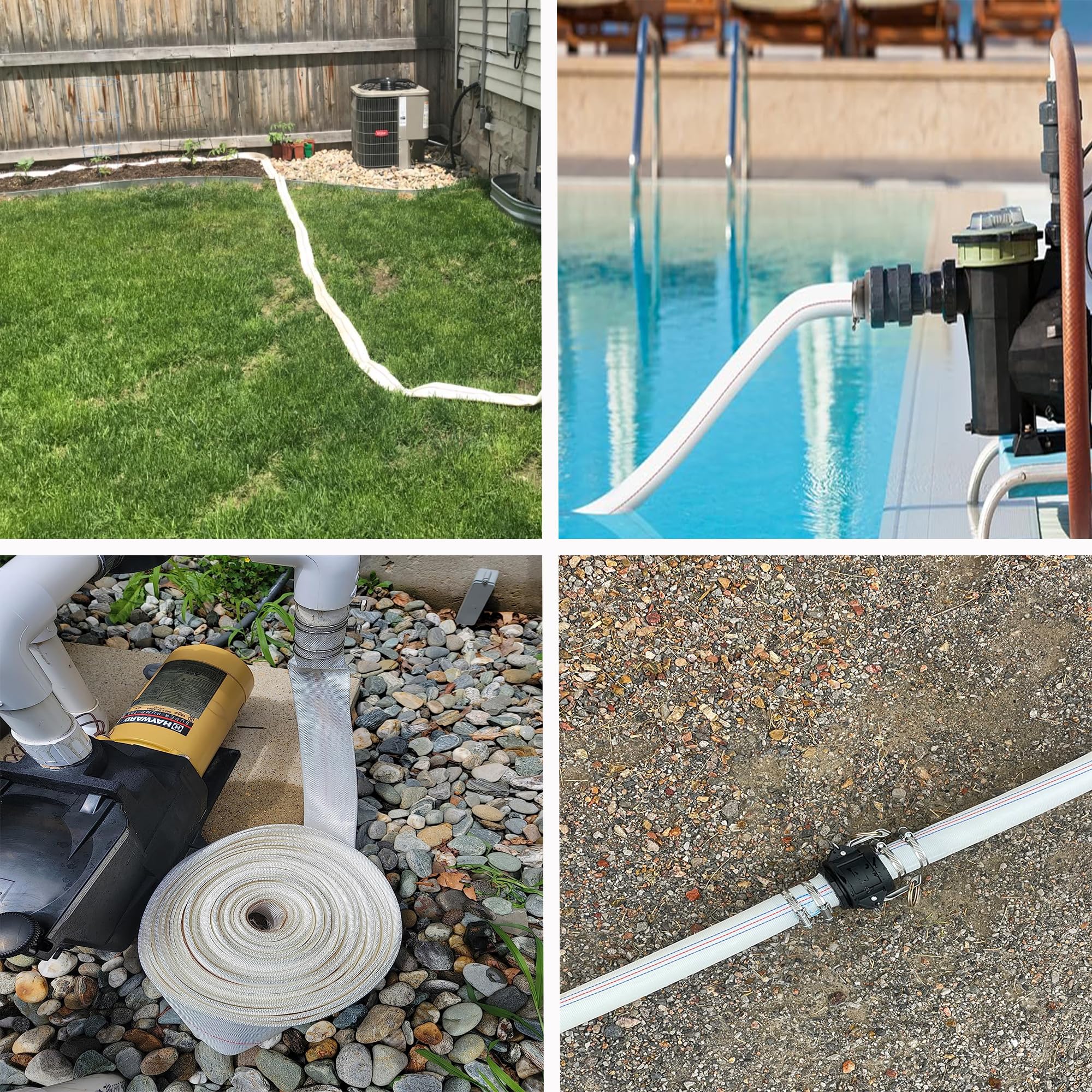 Geowaky hose connected to pool pump discharging water showing efficient flow