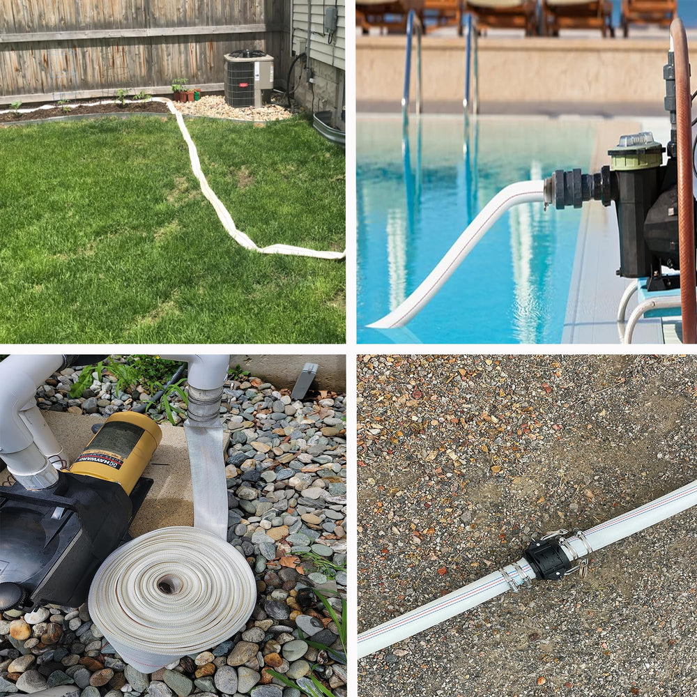 Geowaky hose connected to pool pump discharging water showing efficient flow