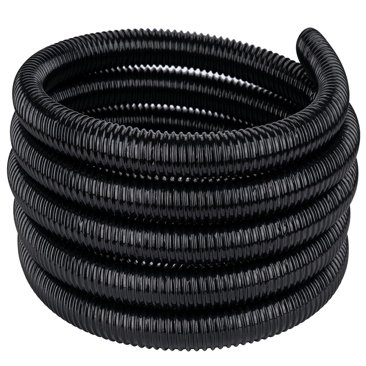 Geowaky front view of coiled 1-1/2" pond tubing showing product benefit of clear sizing