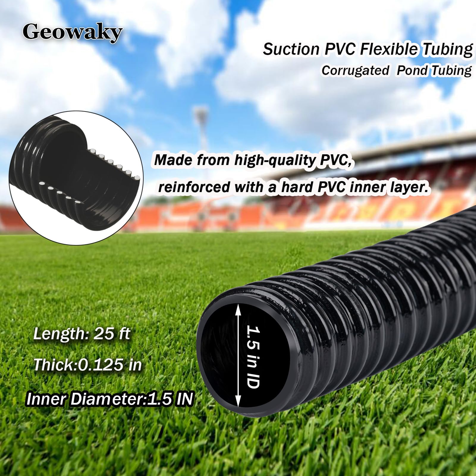 Geowaky hose feeding a backyard waterfall demonstrating steady flow benefit