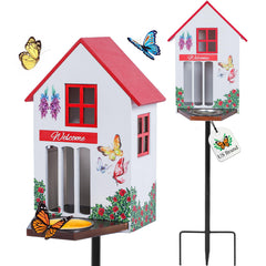 Gerani Design front view of wooden butterfly house showing shelter and feeder, inviting more pollinators