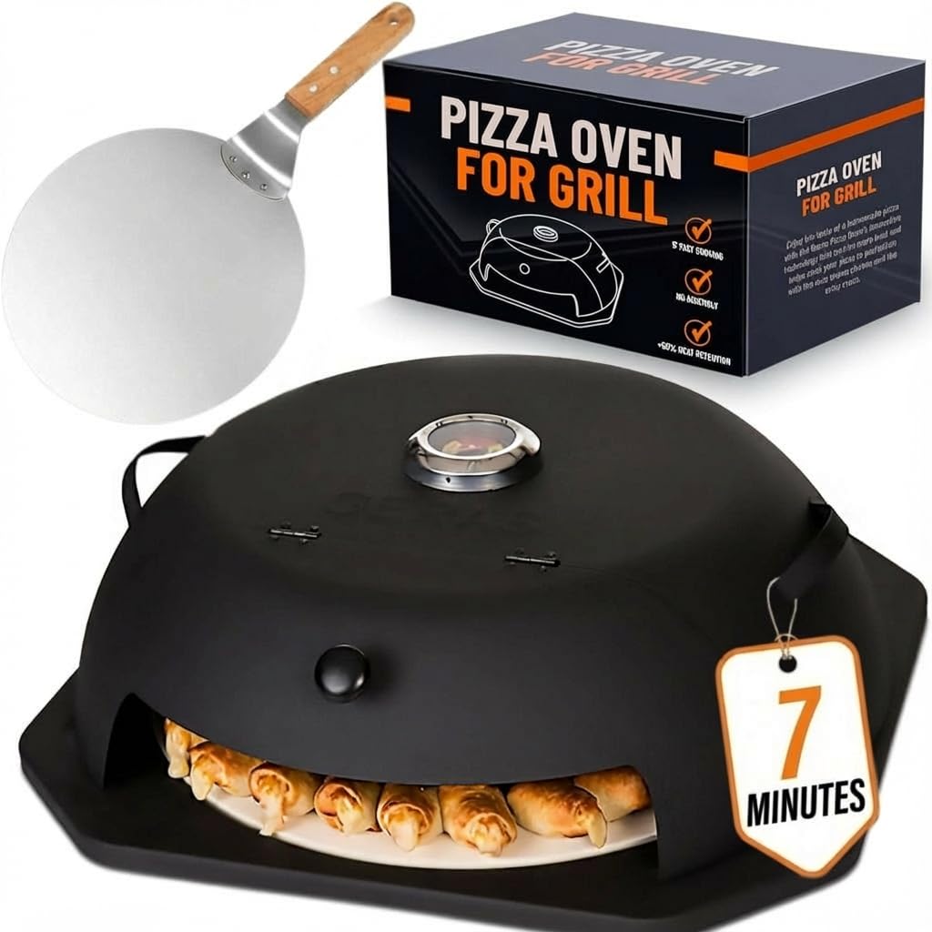 Geras HeatGuard Pro front view showing compact grill-top oven and benefits