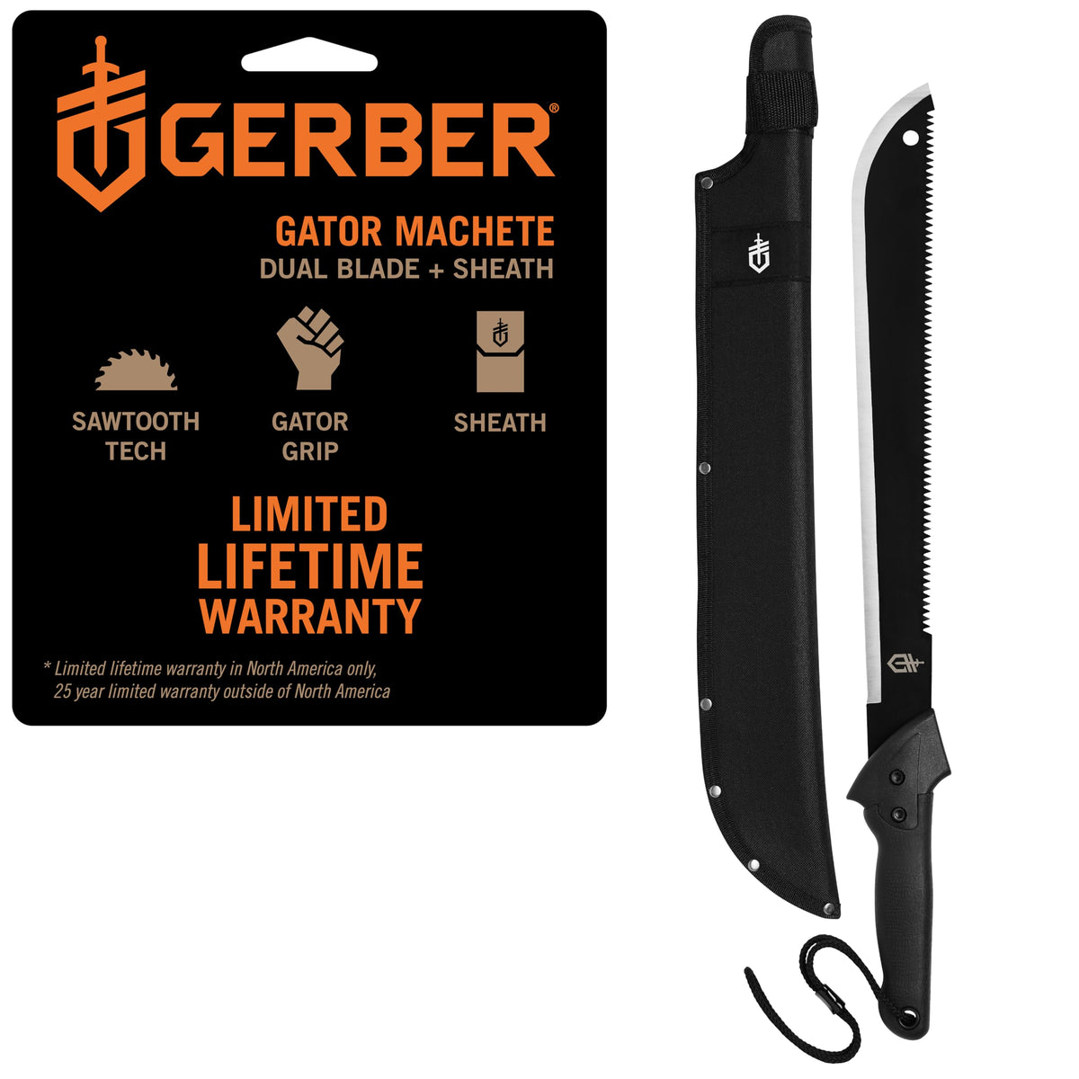 Gerber machete front profile showing full 18-inch blade and plain edge benefit