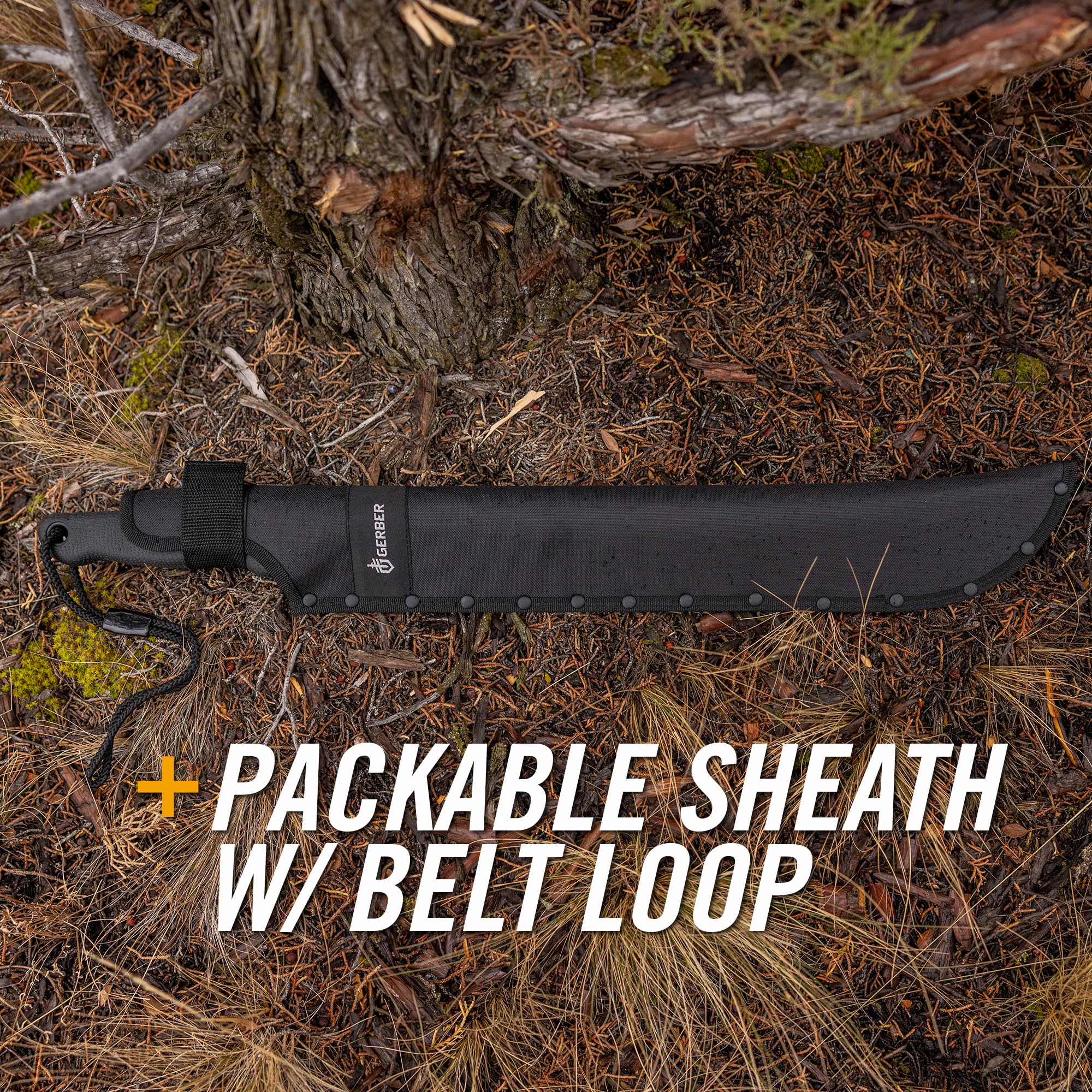 Gerber machete in use clearing brush demonstrating effective chopping power