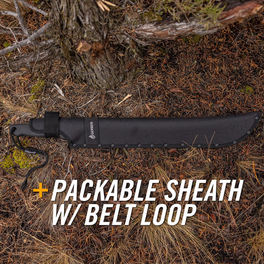 Gerber machete in use clearing brush demonstrating effective chopping power