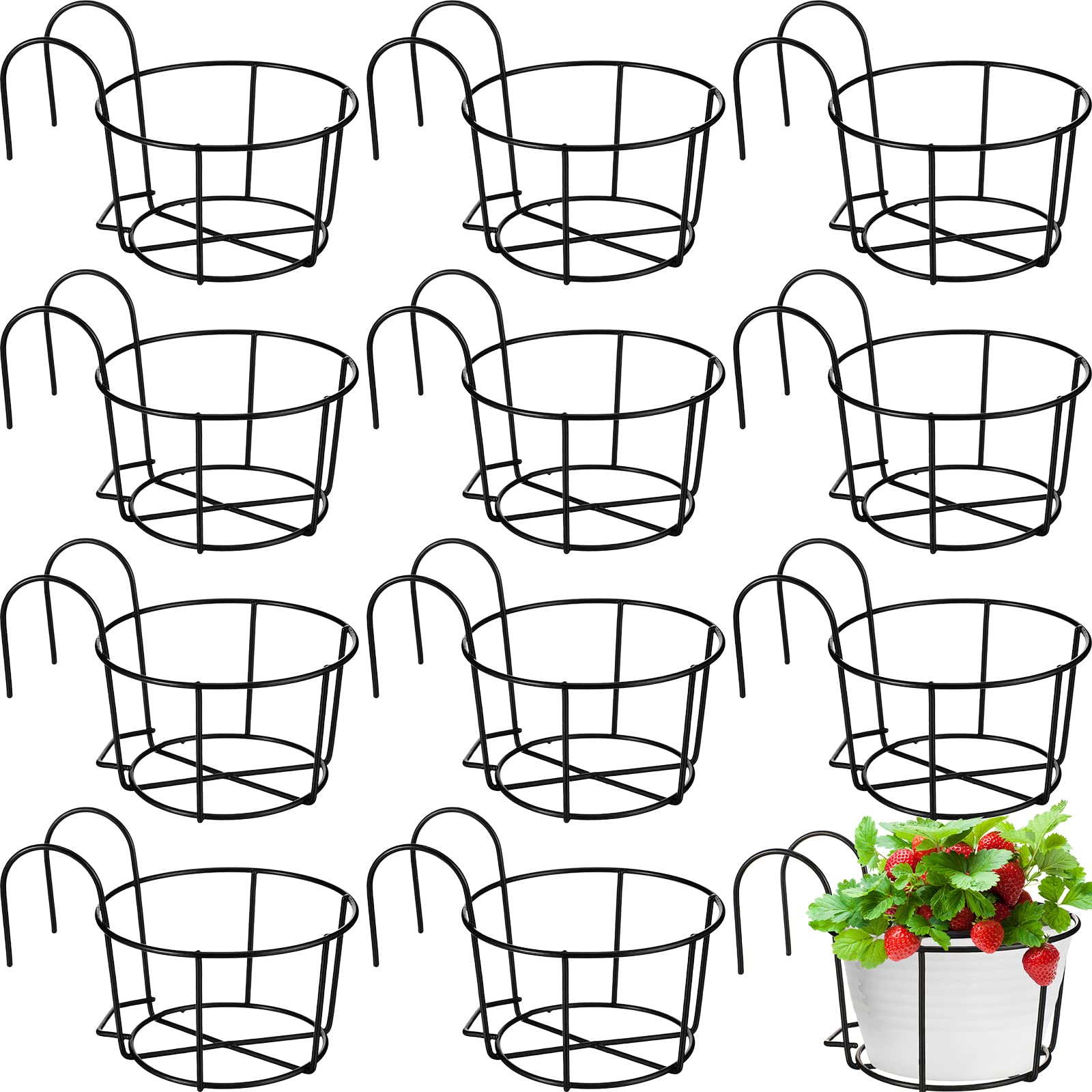 Gerrii front view of 12-piece black hanging railing planters showing full pack and hooks