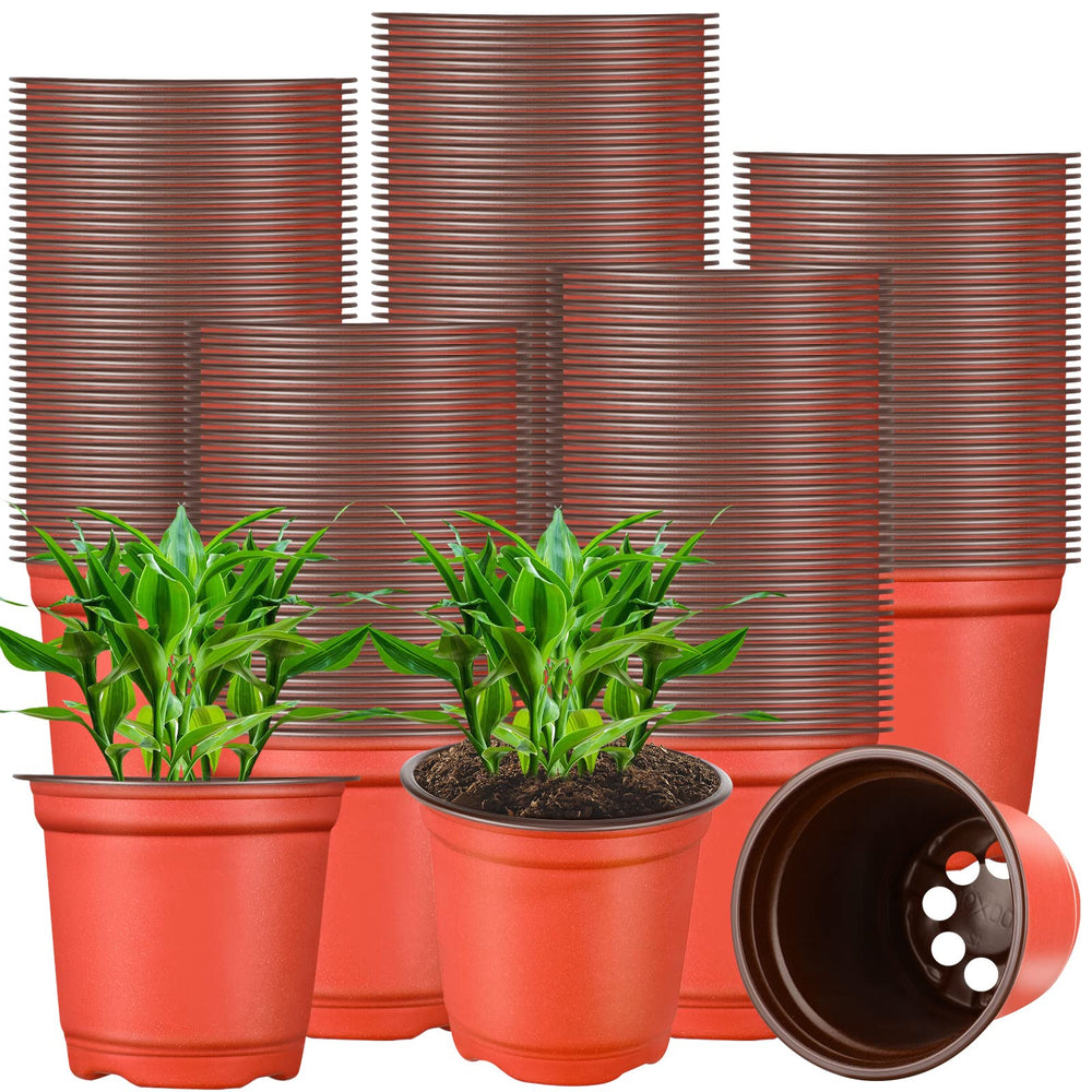 Gerrii front view of 4-inch brown nursery pots showing bulk quantity and neat stacking benefit