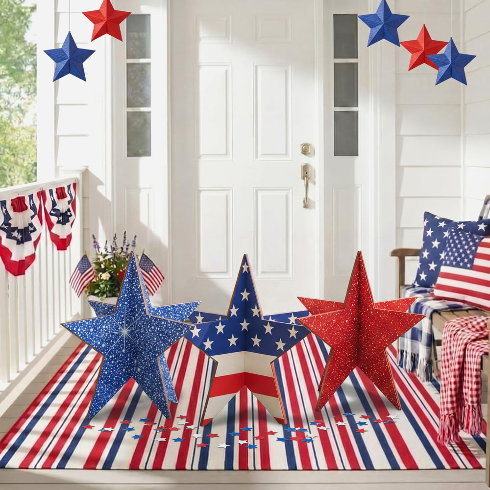 Gerrii stars on porch with bunting adding coordinated holiday charm