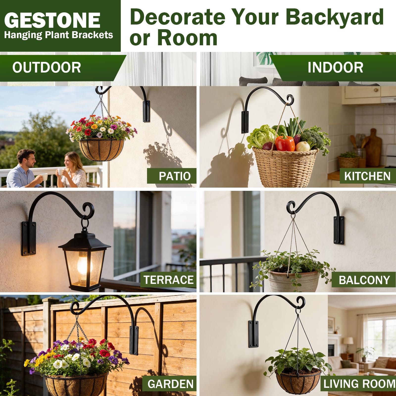 GESTONE brackets installed along a porch with lanterns and plants, cohesive lifestyle setup