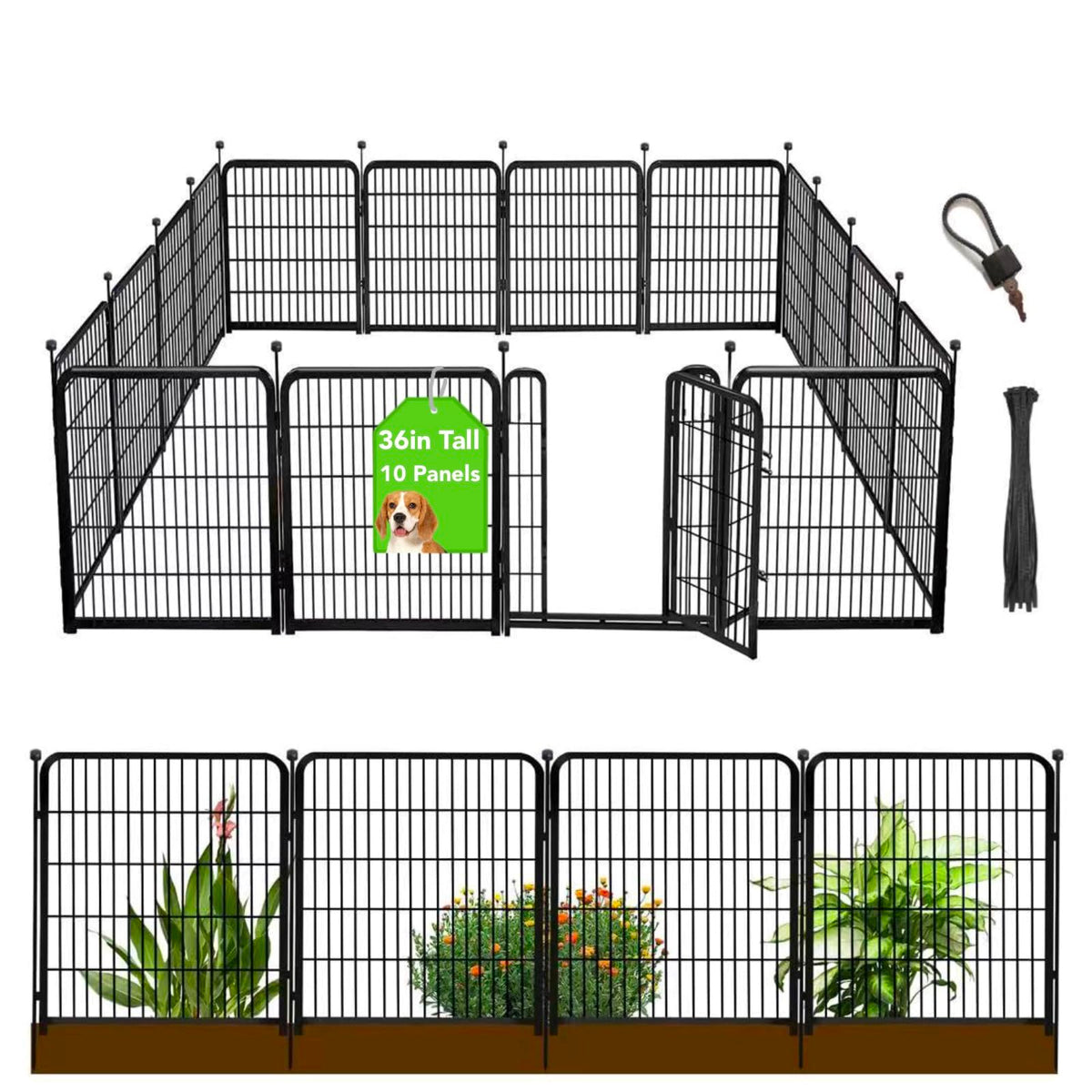 Getlay fence front overview showing full 10-panel set and gate, clear boundary benefit