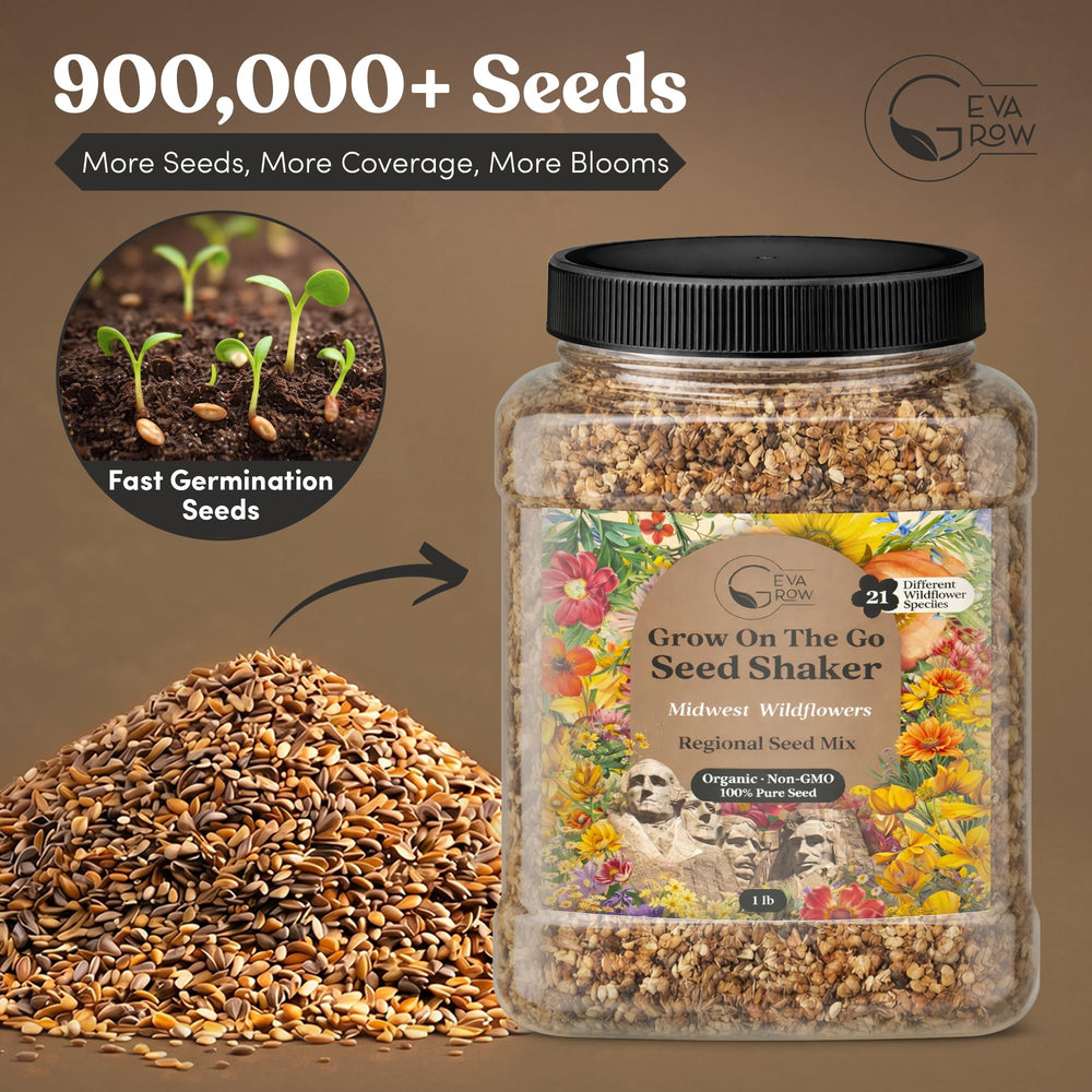 Label and open tub of GevaGrow seeds displaying organic non-GMO credentials