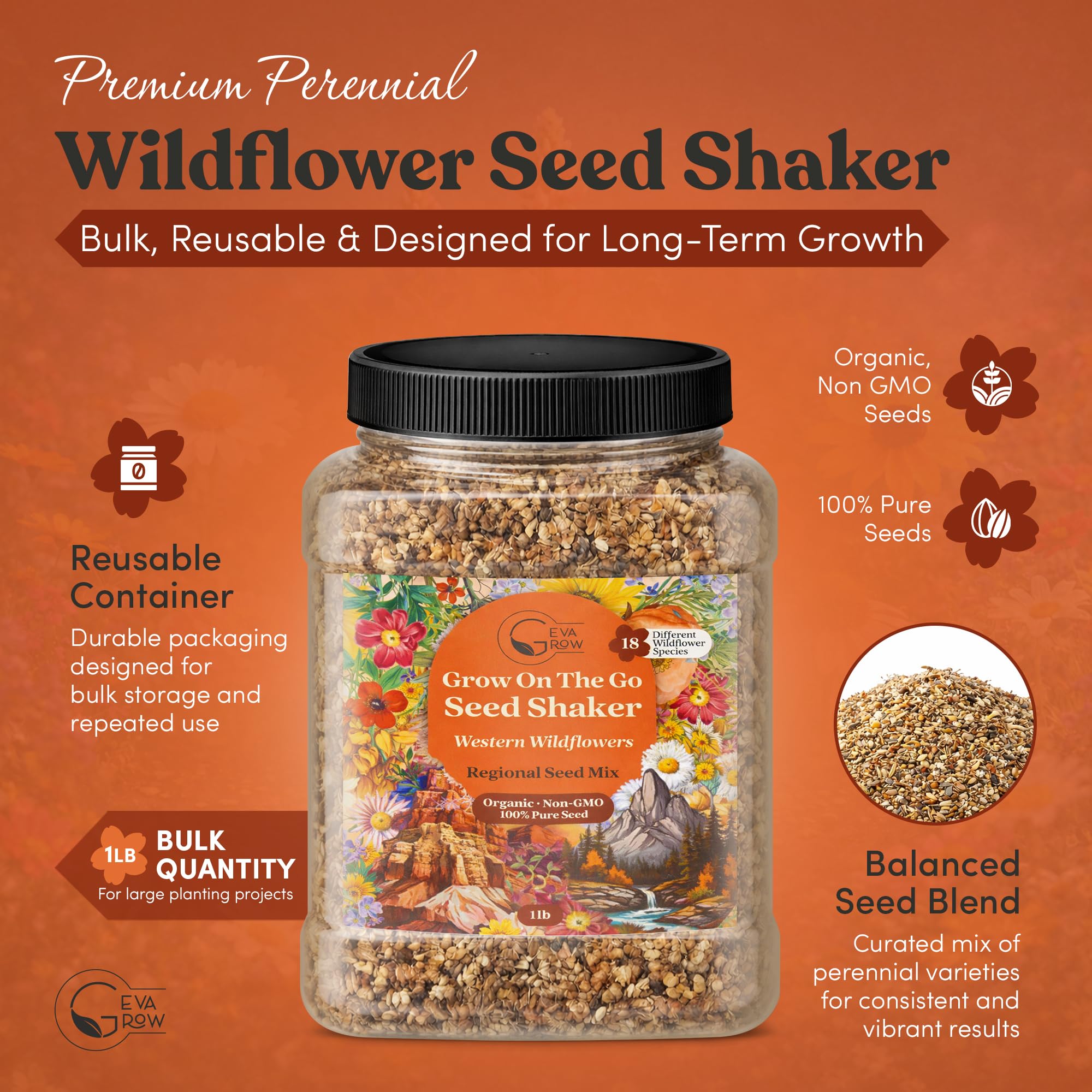 GevaGrow shaker cap and label close-up highlighting user-friendly sowing instructions