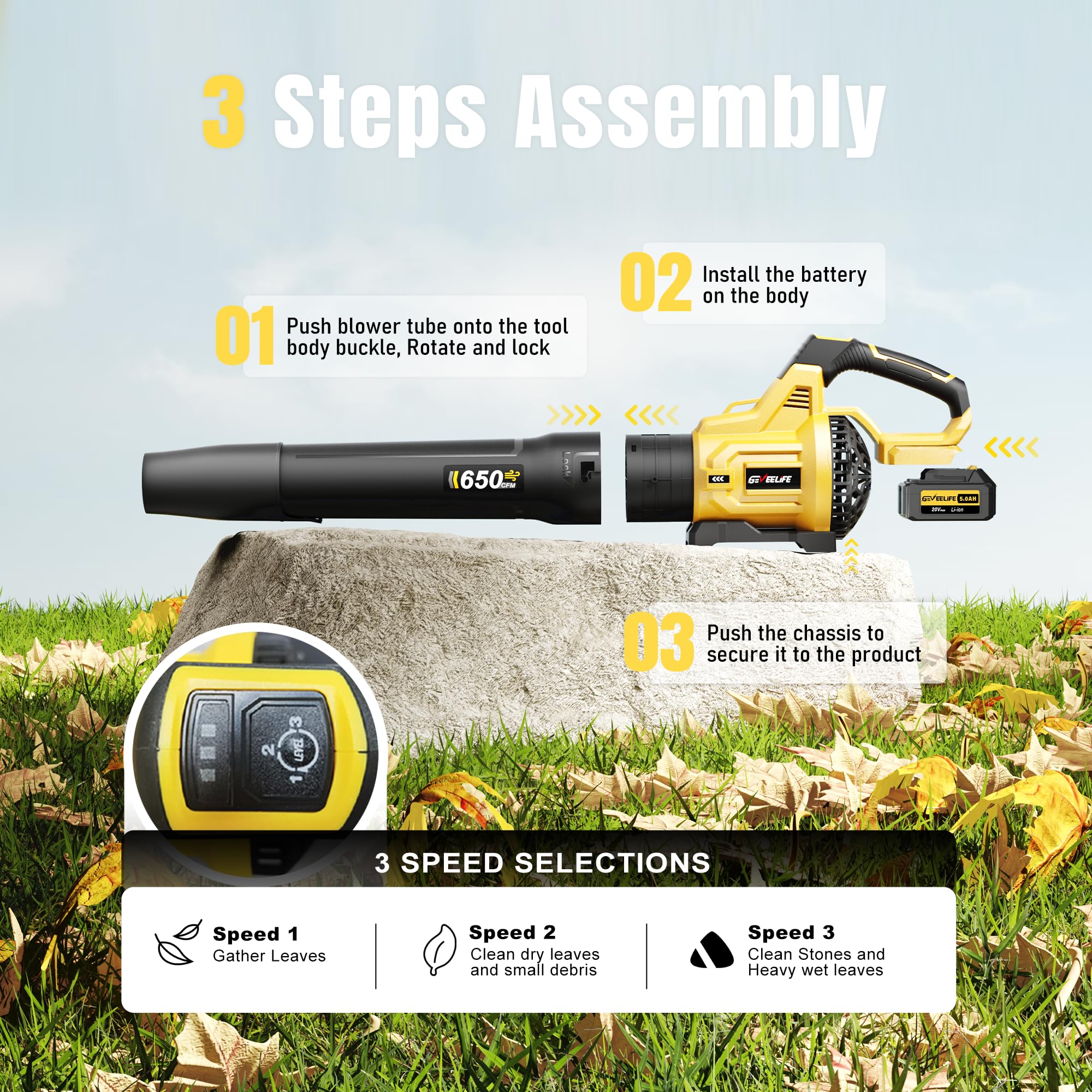 GEVEELIFE blower being used on yard to clear leaves quickly