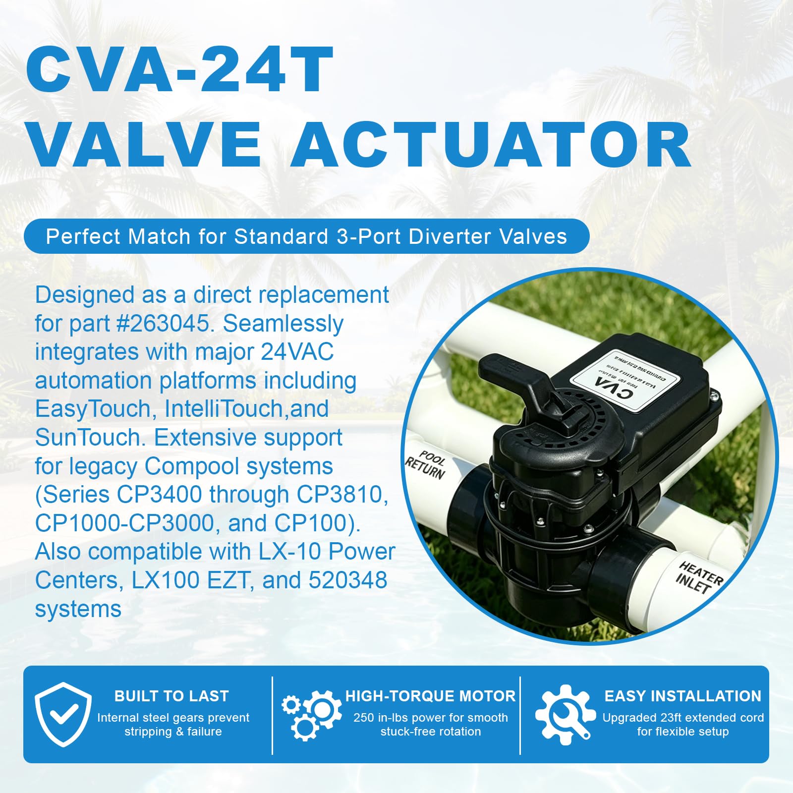Gexloryn actuator installed on a pool valve showing direct replacement fit and secure mount