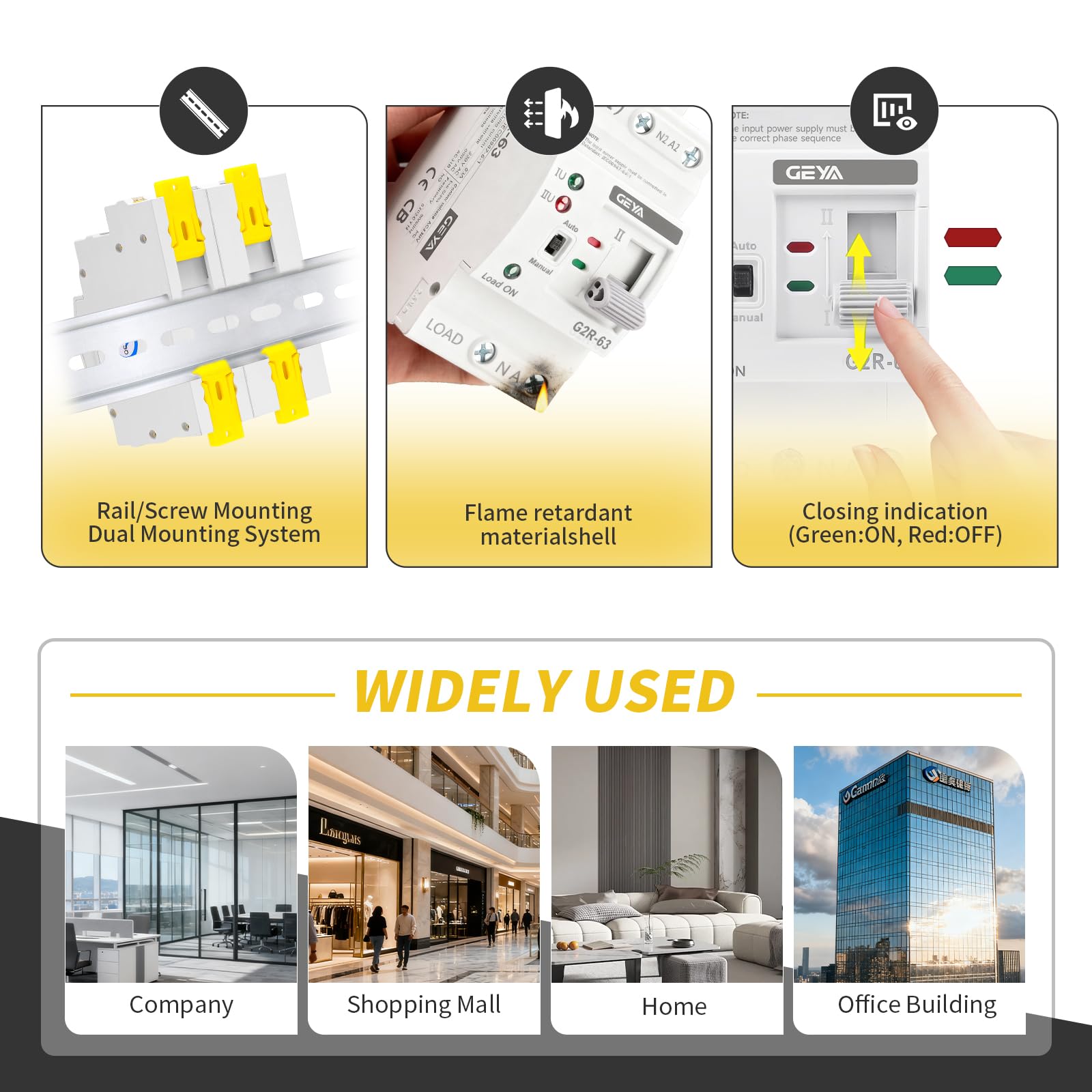 GEYA ATS installed inside distribution board demonstrating practical use protecting circuits