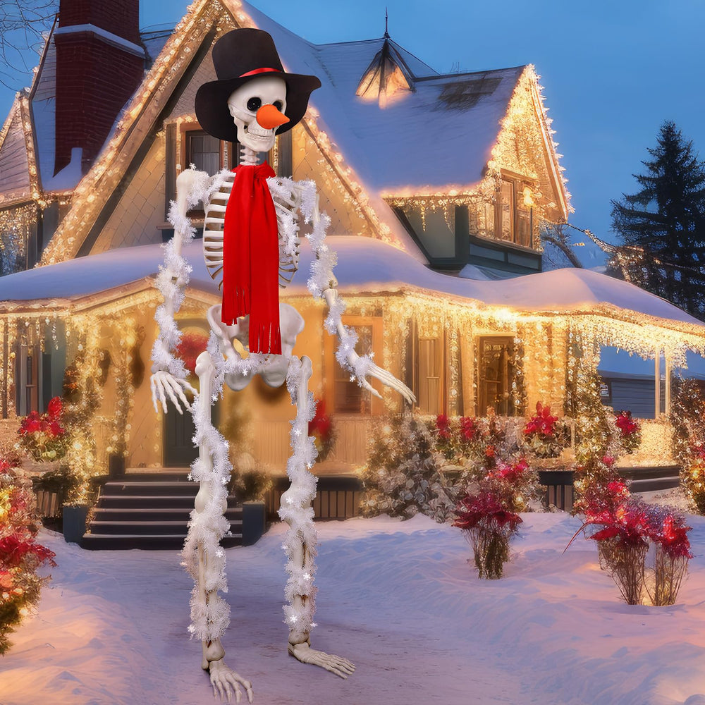 Geyoga front view of dressed skeleton showing snowman outfit benefit festive curb appeal