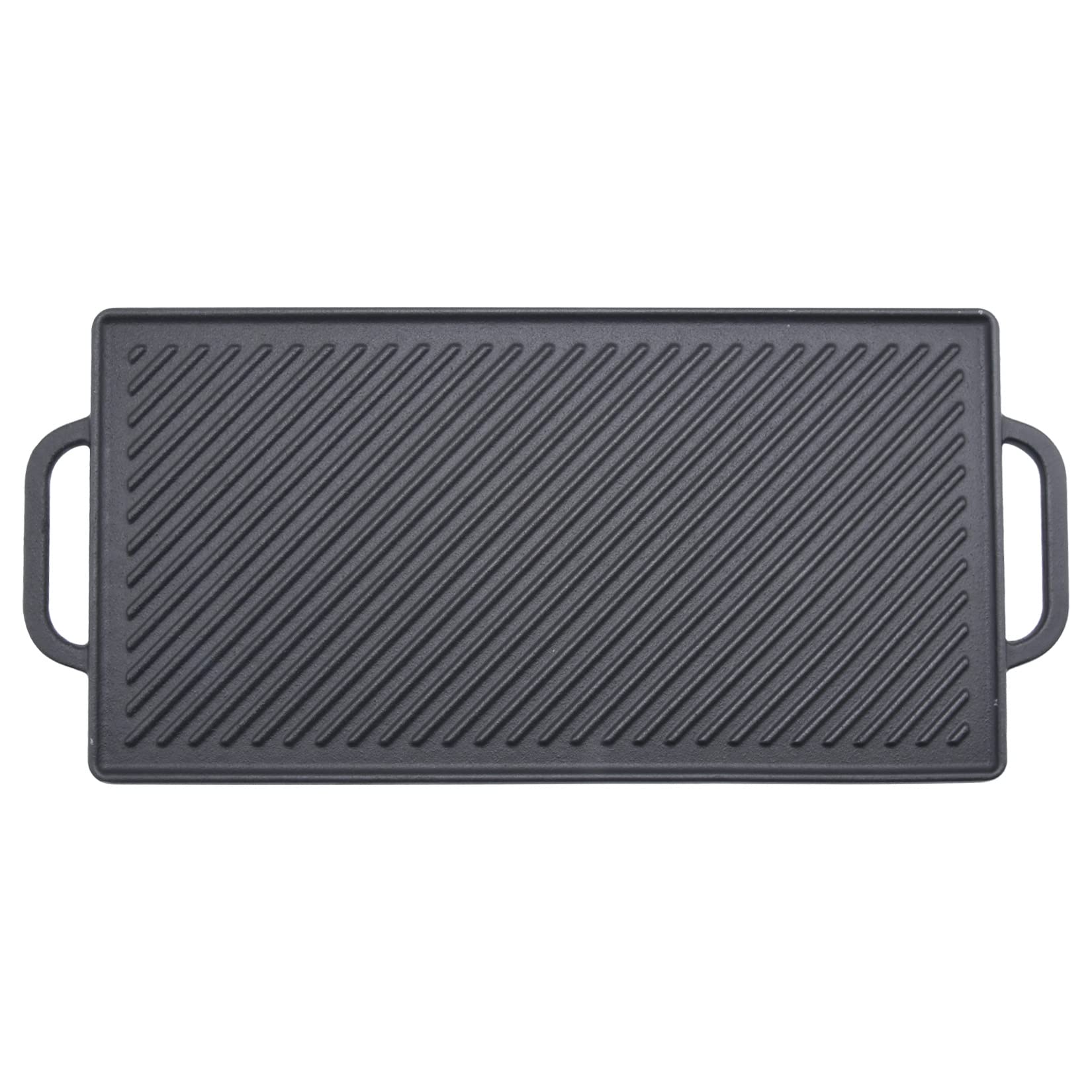 GGC griddle front view showing full 20-inch plate and handles, durable cooking surface benefit