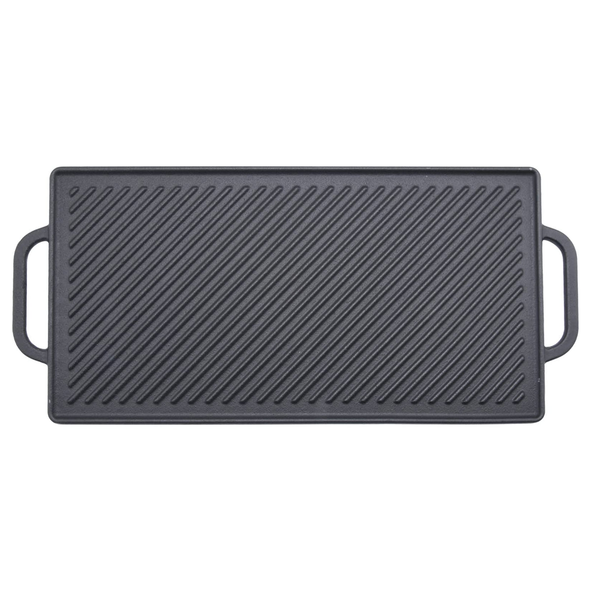 GGC griddle front view showing full 20-inch plate and handles, durable cooking surface benefit