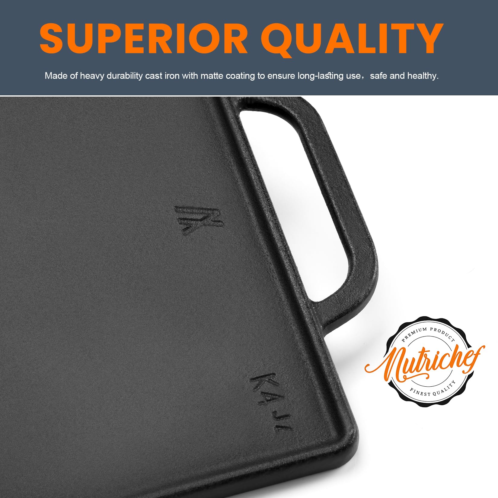 GGC handles and thickness detail showing 0.6-inch cast iron for stable heat retention benefit