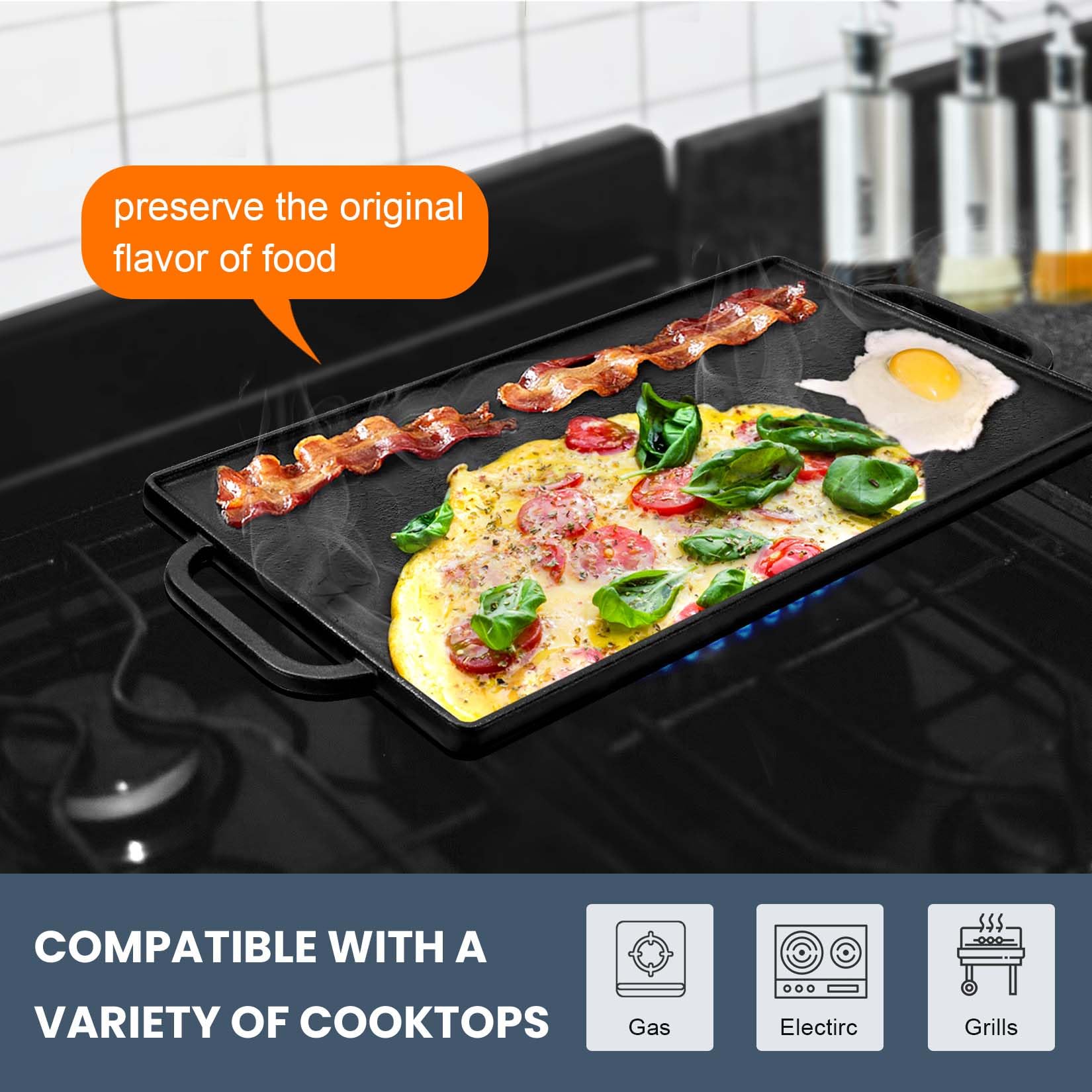 GGC griddle in use on gas stove searing steak evenly for restaurant-style results benefit