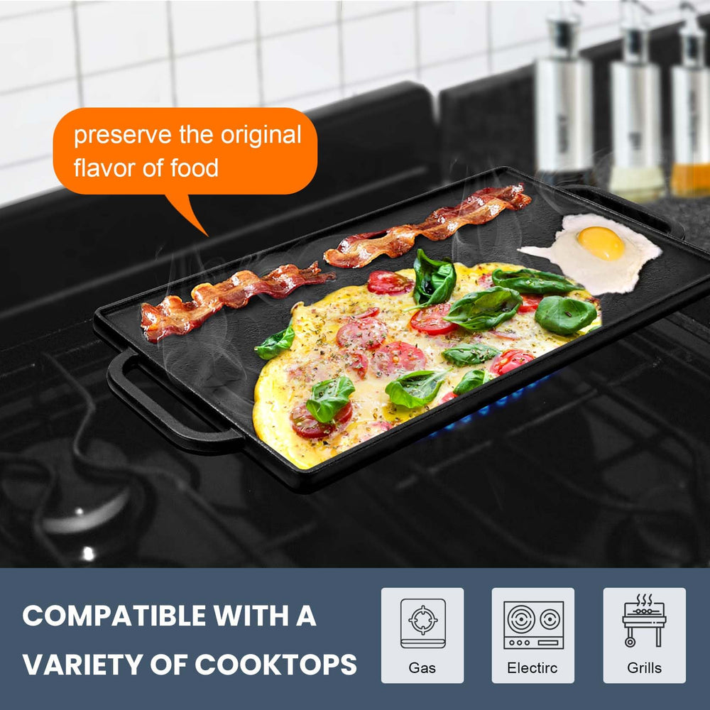 GGC griddle in use on gas stove searing steak evenly for restaurant-style results benefit