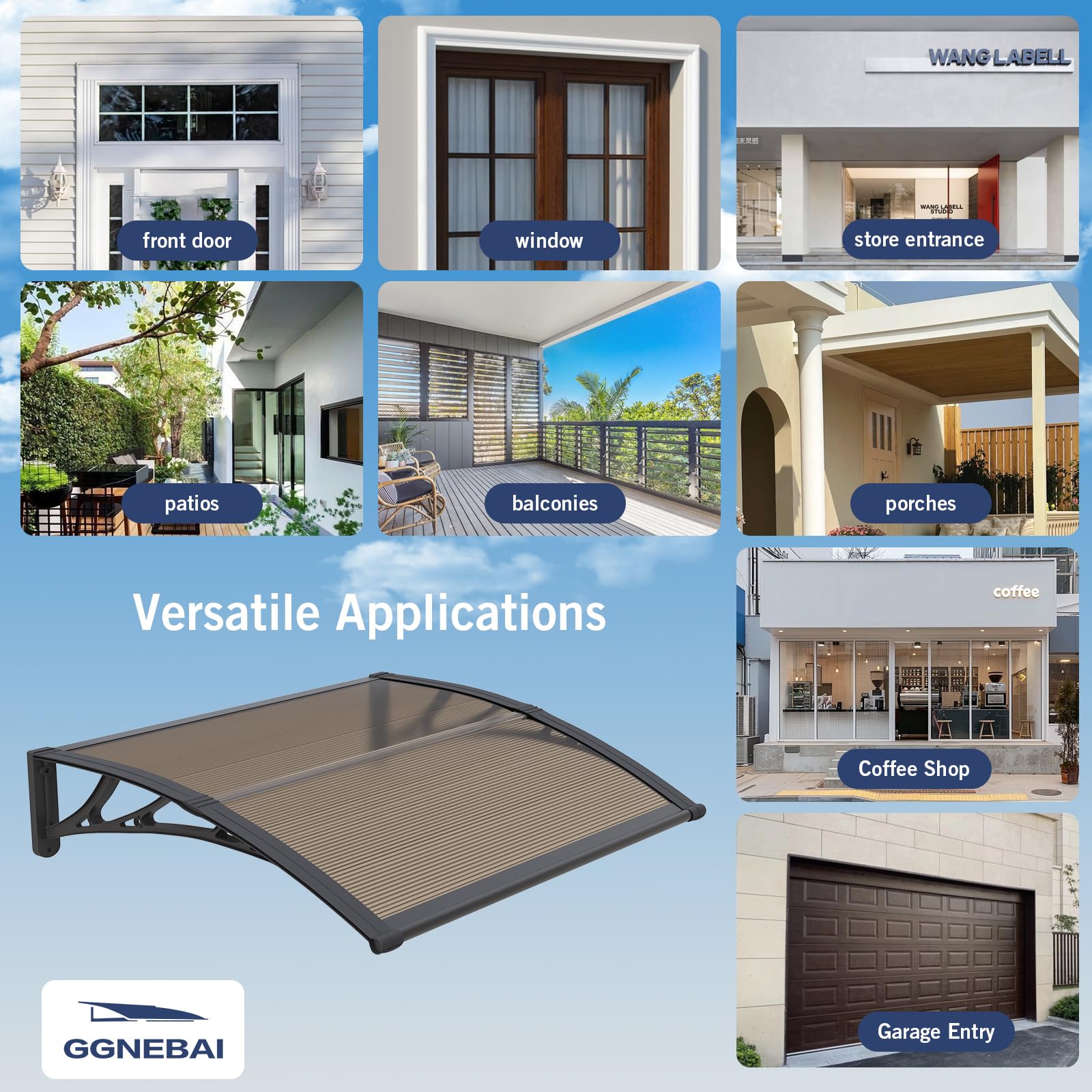 GGNEBAI awning size comparison next to standard door to show fit and scale