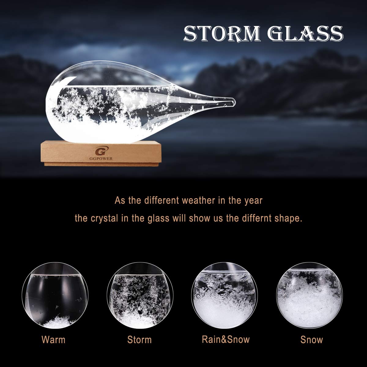 G GGPOWER storm glass wooden base detail highlighting stable display